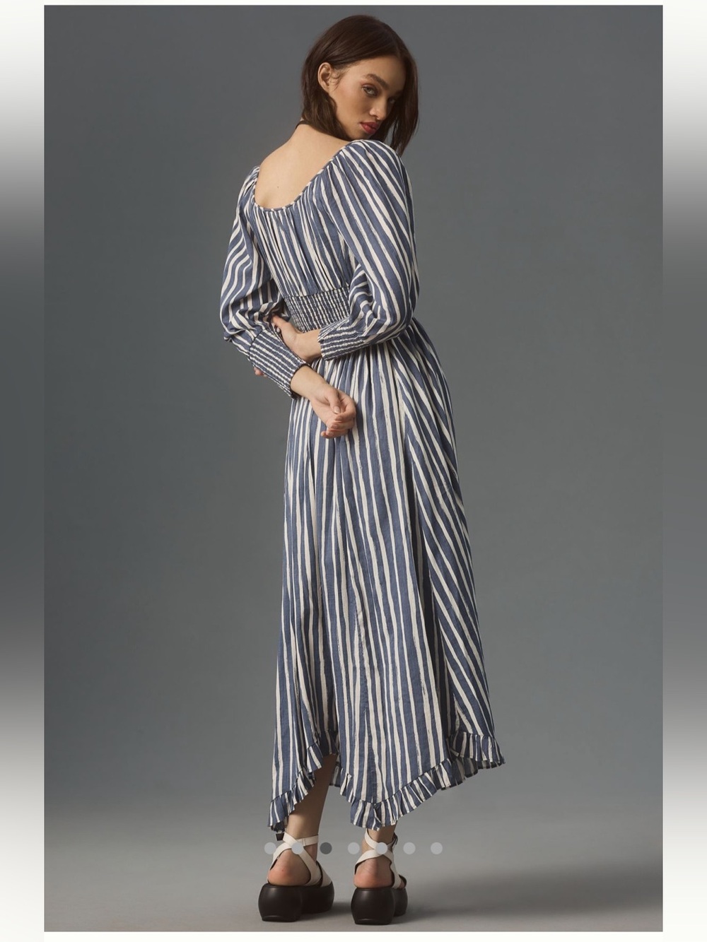 Anthropologie Navy and White Striped Puff-Sleeve Midi Dress - Picture 4 of 10